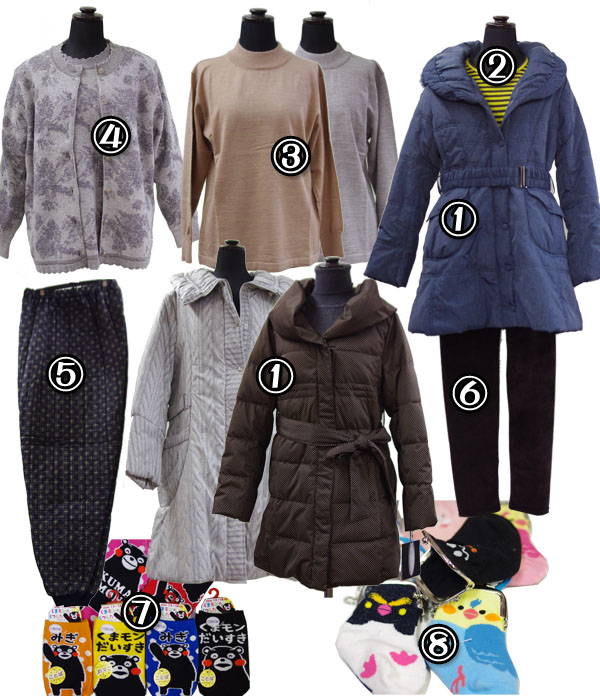 コート、ジャケット、無地セーター各種大量入荷!婦人キルトもんぺ、のびのびストレッチレギパンも。ポソン、くまモン靴下、クリスマスプレゼントにどうでしょう?